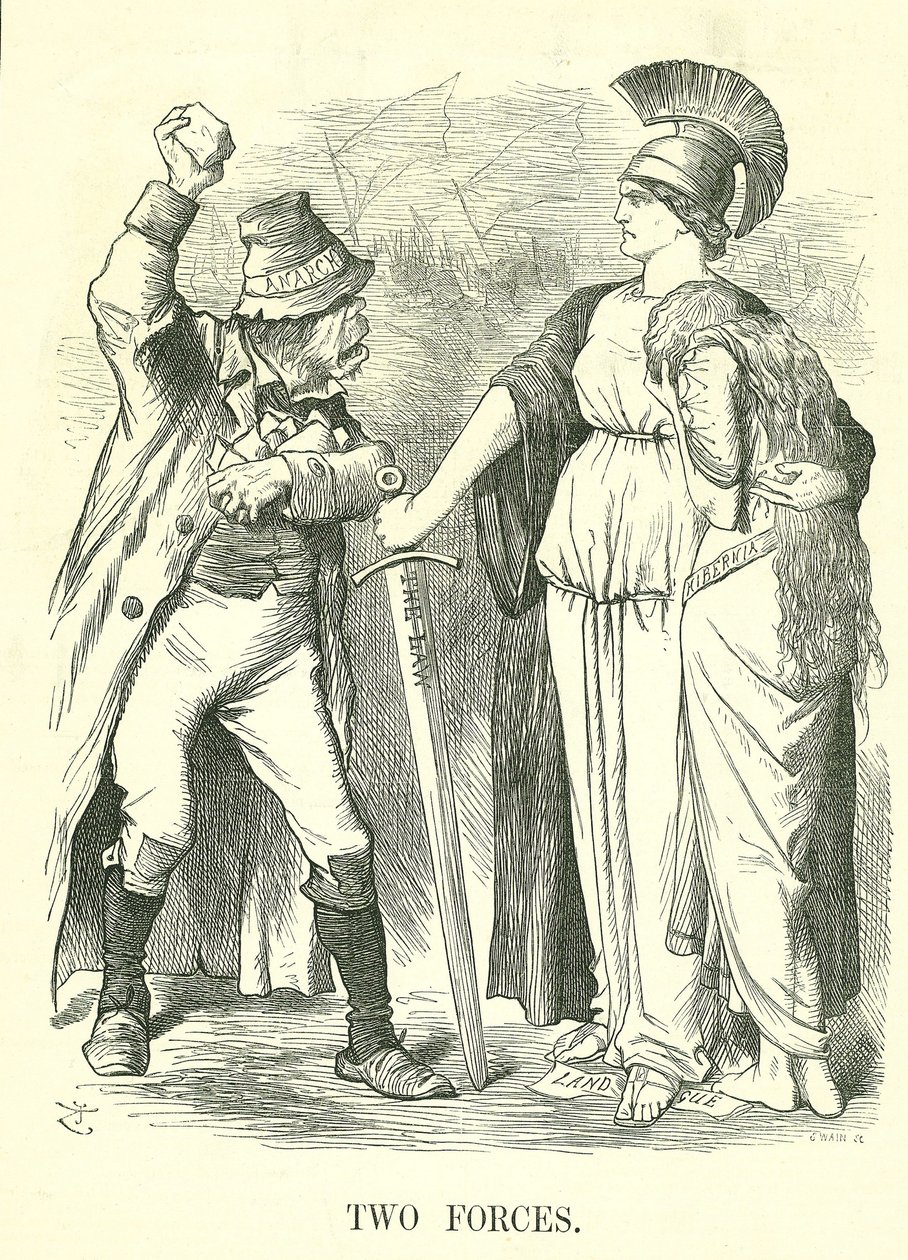 To styrker: Irish Land League forbudt. Britannia beskytter Hibernia (Irland) med lovens kraft mod anarkiets kraft. John Tenniel tegnefilm fra Punch, London, 29. oktober 1881. af John Tenniel