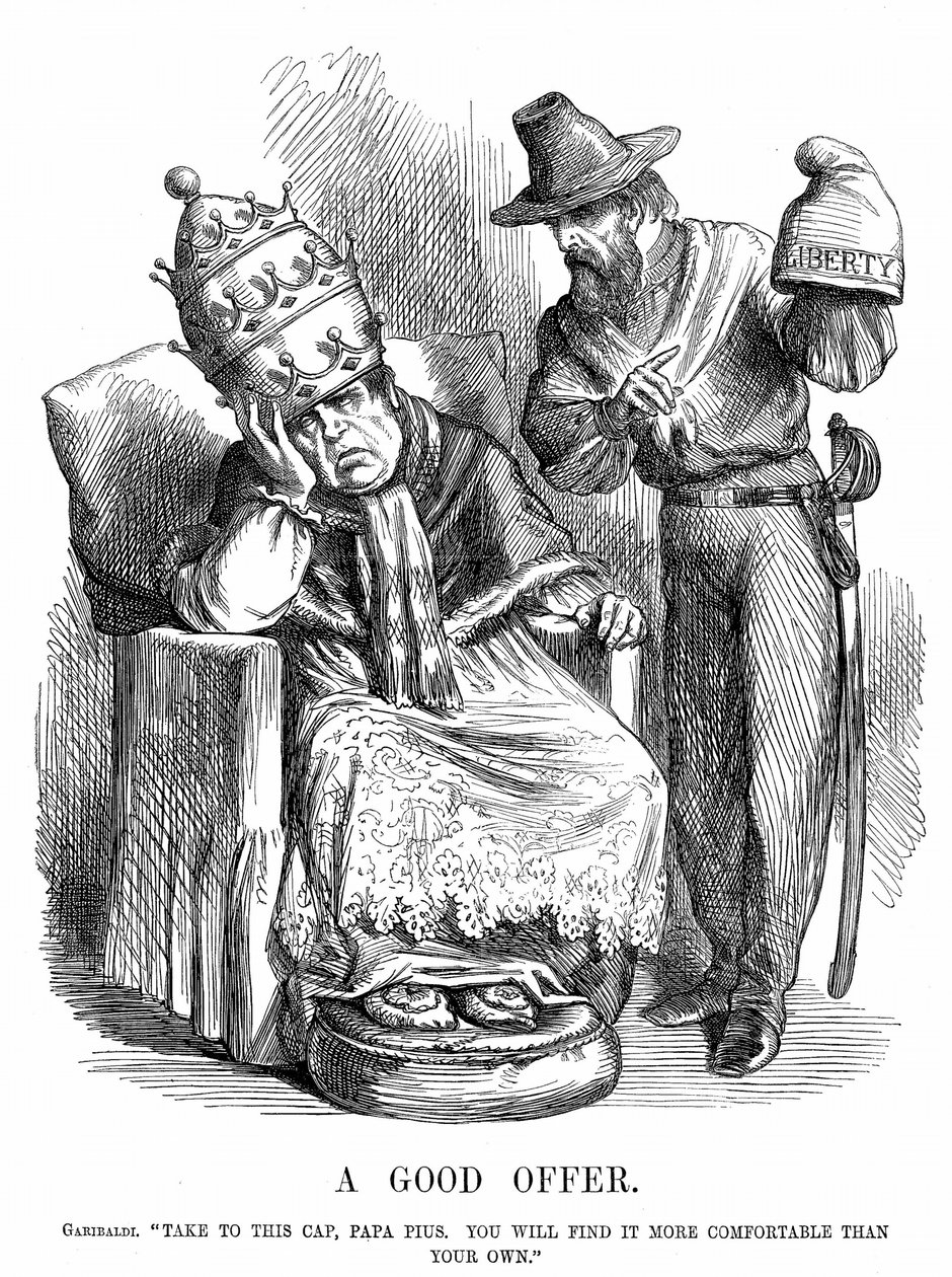 Genforening af Italien: Giuseppe Garibaldi (180718-82) forsøger at overbevise pave Pius IX om, at Frihedshætten ville være langt mere behagelig end den pavelige krone. John Tenniel tegneserie fra Punch, London, 29. september 1860. Trægravering. af John Tenniel