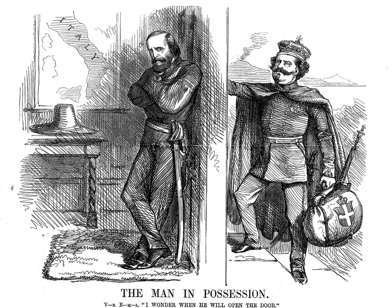Victor Emmanuel II banker på døren til Napoli, 1861 af John Tenniel