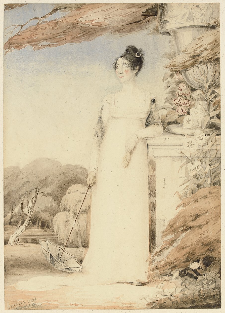 Portræt af Ann Miles, senere Mrs. John Sell Cotman, i fuld længde, hendes højre hånd holder en parasol, hendes venstre arm hviler på en sokkel, 1805 af John Thirtle