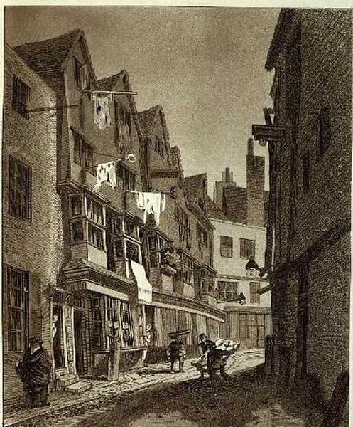 "View of the Southern Extremity of Thieving Lane (fra sene år kaldet Bow Street)...", tegnet 1807, indgraveret af W.M. Fellows, pub. 1807 (gravering) af John Thomas (after) Smith