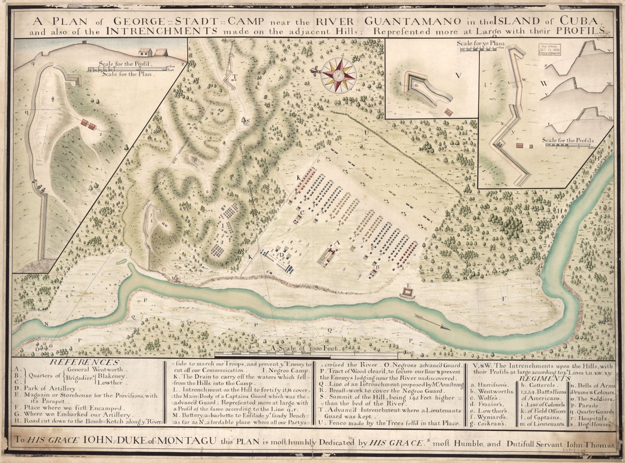 En plan over George Stadt Camp nær floden Guantamano på øen Cuba og også over de skanser, der er lavet på de tilstødende bakker, vist mere i stort med deres profiler LOC 2010592464 af John Thomas