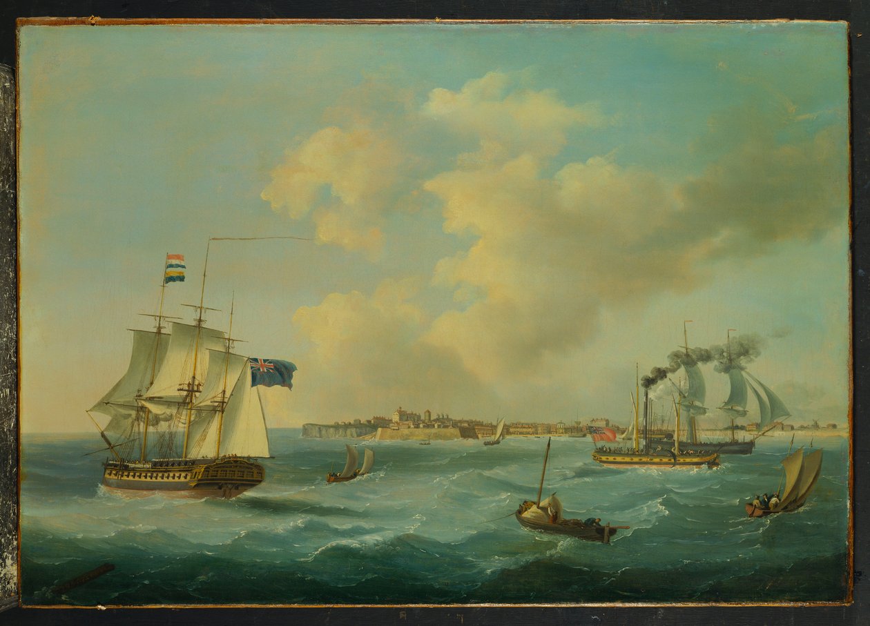 En fregat med 44 kanoner, en passagerhjul-damper og anden forsendelse fra St.Peter Port, Guernsey, 1825 af John Thomas Serres