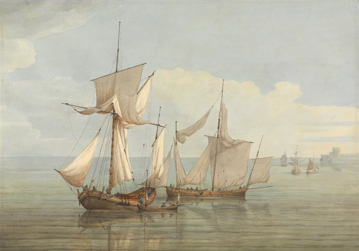 En Hoy og en Lugger med anden Skibsfart paa et roligt Hav af John Thomas Serres