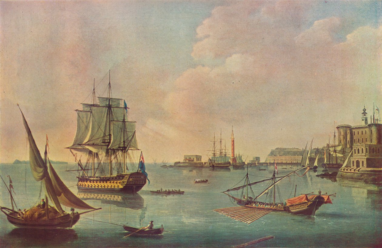 Engelske Men o War i Malta Harbour i Malta Harbour, c1805 af John Thomas Serres