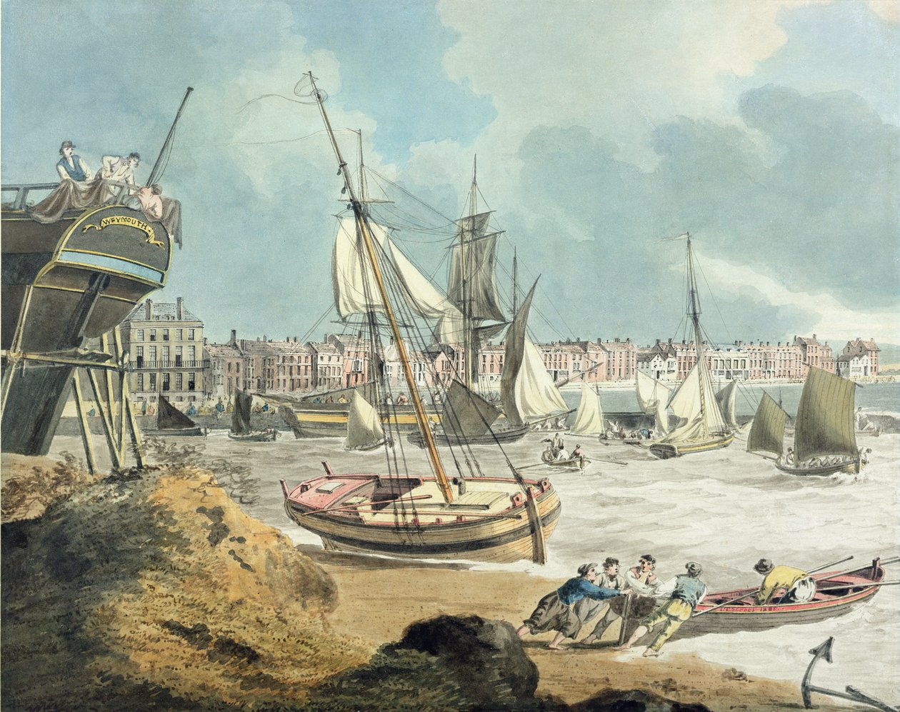 Havn i Weymouth, Dorset, 1805 (pen, blæk og akvarel på papir) af John Thomas Serres