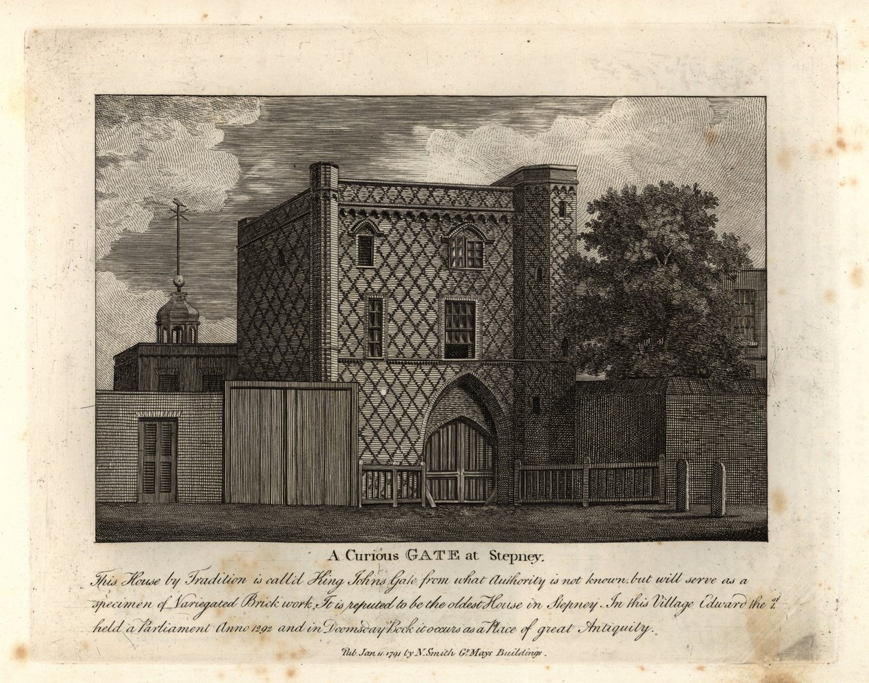 En nysgerrig port i broget murværk kaldet St John Gate, det ældste hus i Stepney af John Thomas Smith