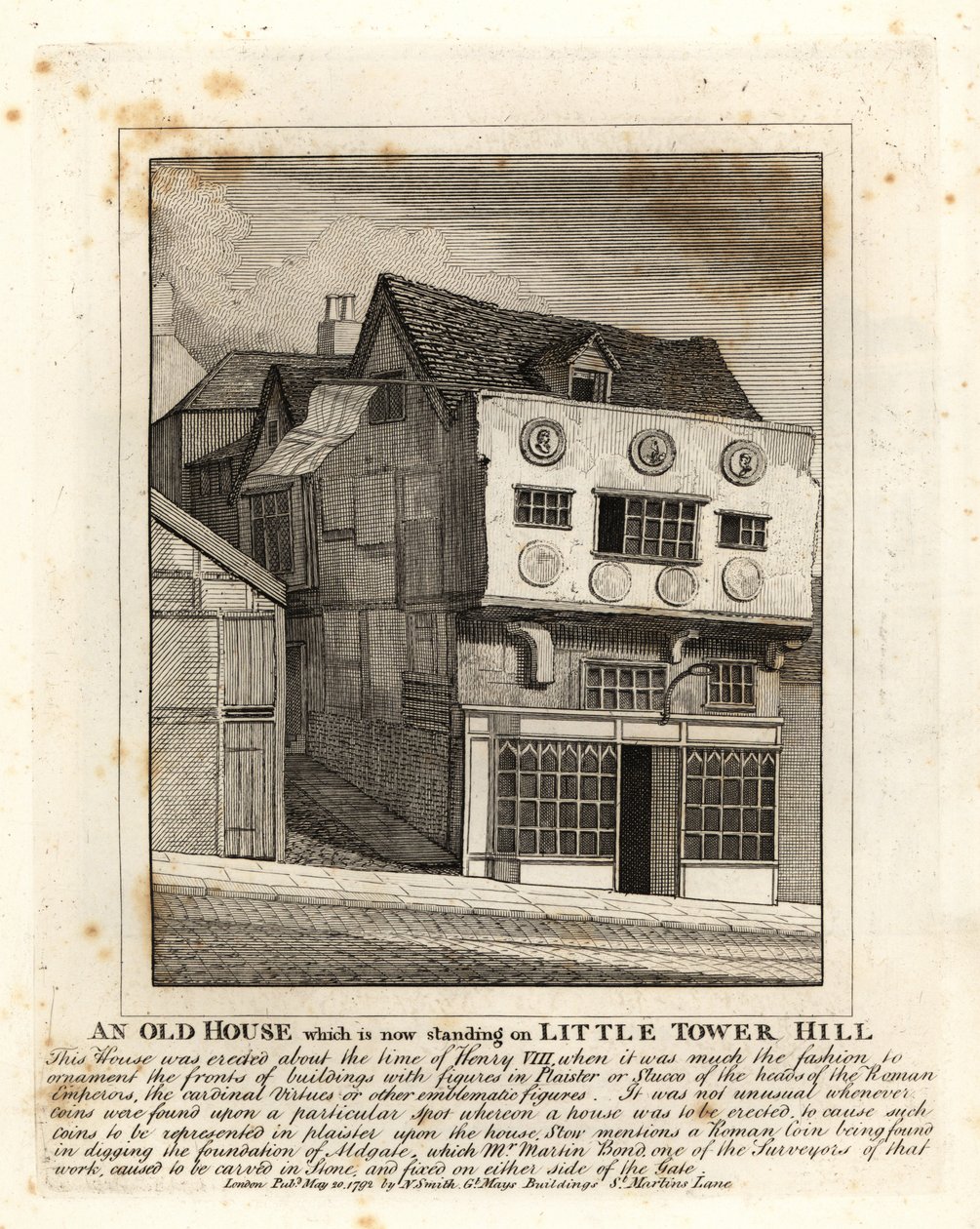 Et gammelt Tudor-hus, der står på Little Tower Hill, London af John Thomas Smith