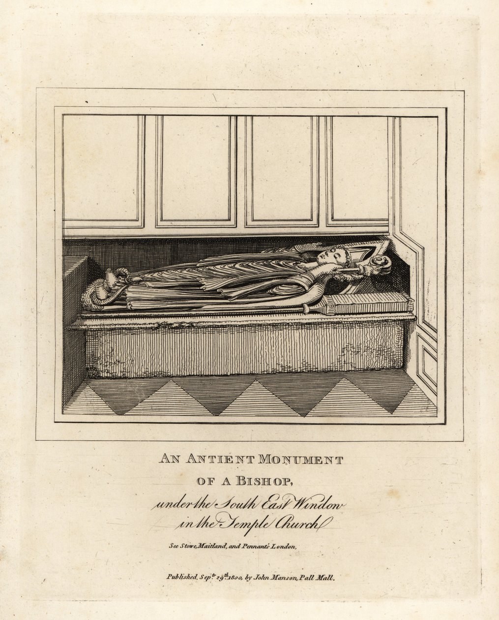 Gammelt monument af en biskop under det sydøstlige vindue i Temple Church fra det 12. århundrede, London af John Thomas Smith