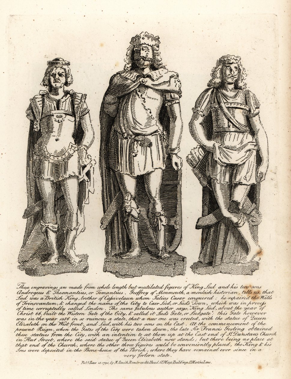Den britiske kong Lud og hans sønner Angrogeus og Theomantius (Temantius), reparatør af murene i Trinovantum, senere Caer Lud eller Luds Town, 66AD af John Thomas Smith