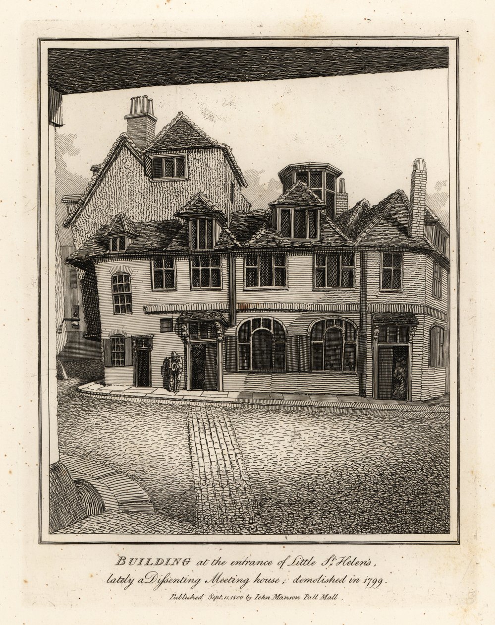 Bygning ved indgangen til Little St Helens, for nylig et dissent Meeting House, revet ned i 1799 af John Thomas Smith