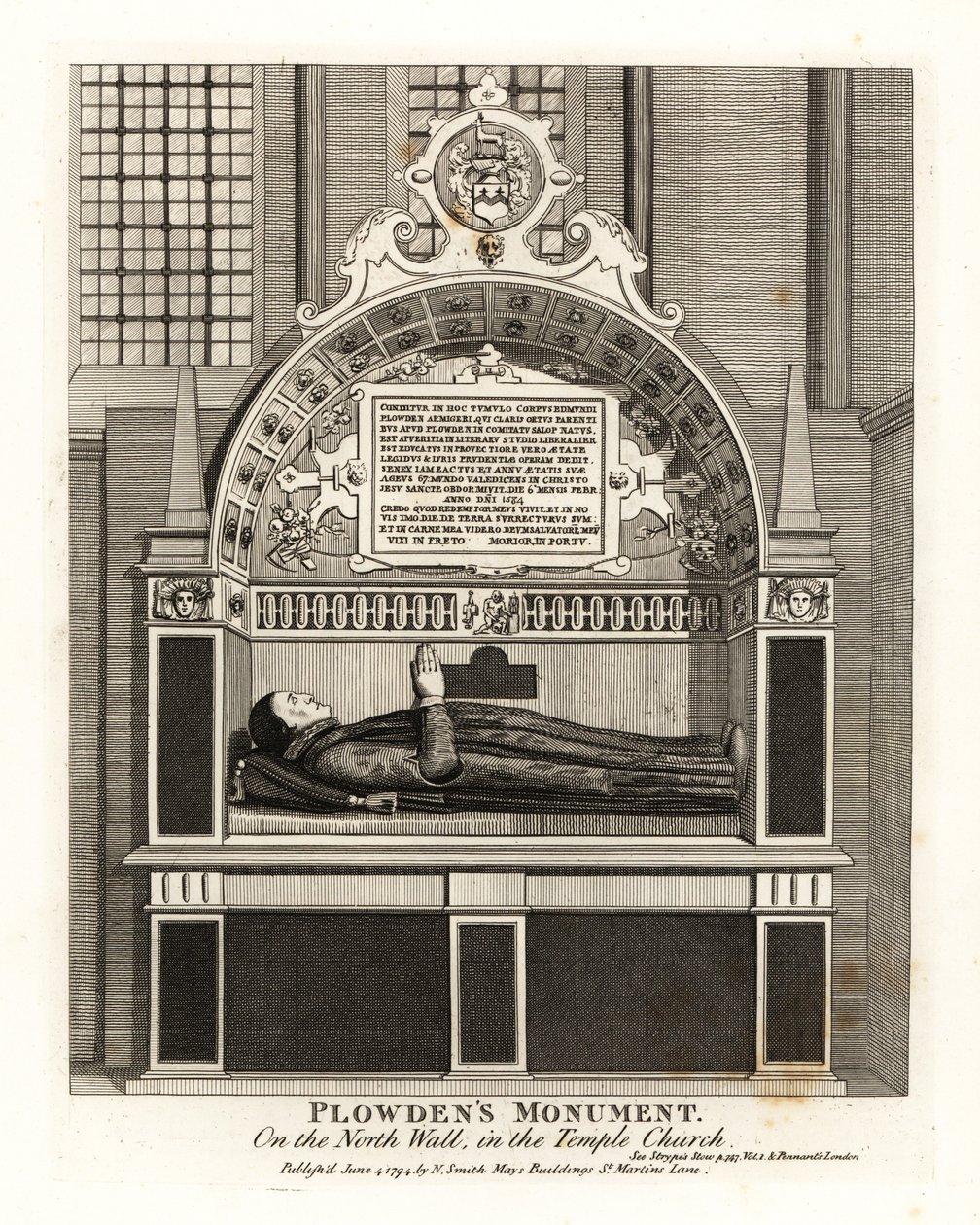 Edmund Plowdens monument på nordvæggen i Tempelkirken af John Thomas Smith