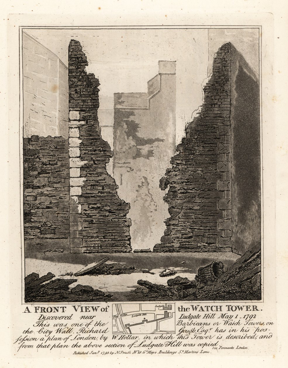 Forfra af Watch Tower eller Barbican i bymuren opdaget nær Ludgate Hill, 1. maj 1792 af John Thomas Smith