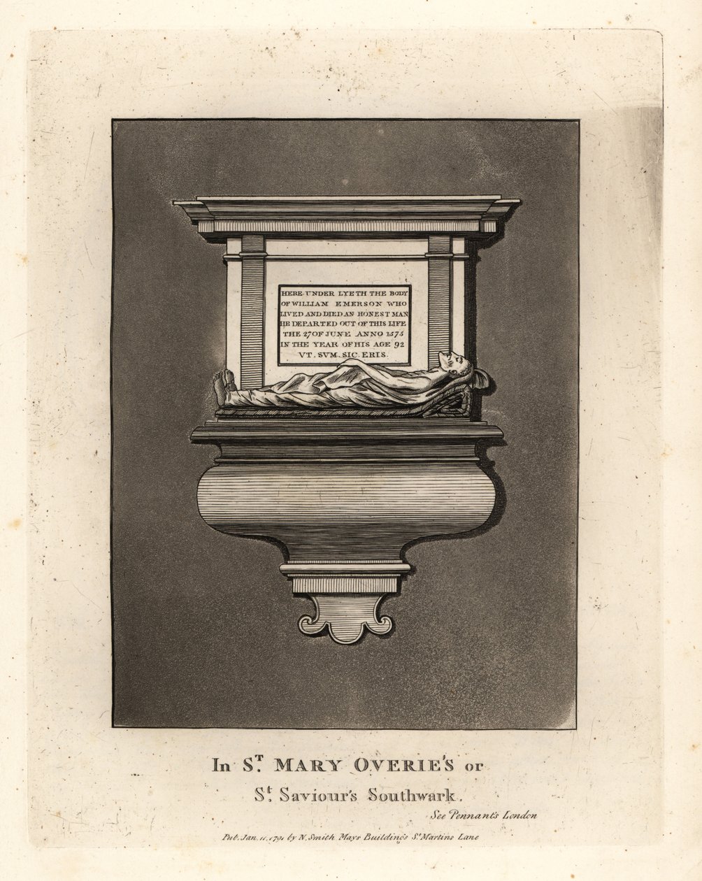 Gravbillede og monument over den ærlige mand William Emerson, død 1575, i St Mary Overie