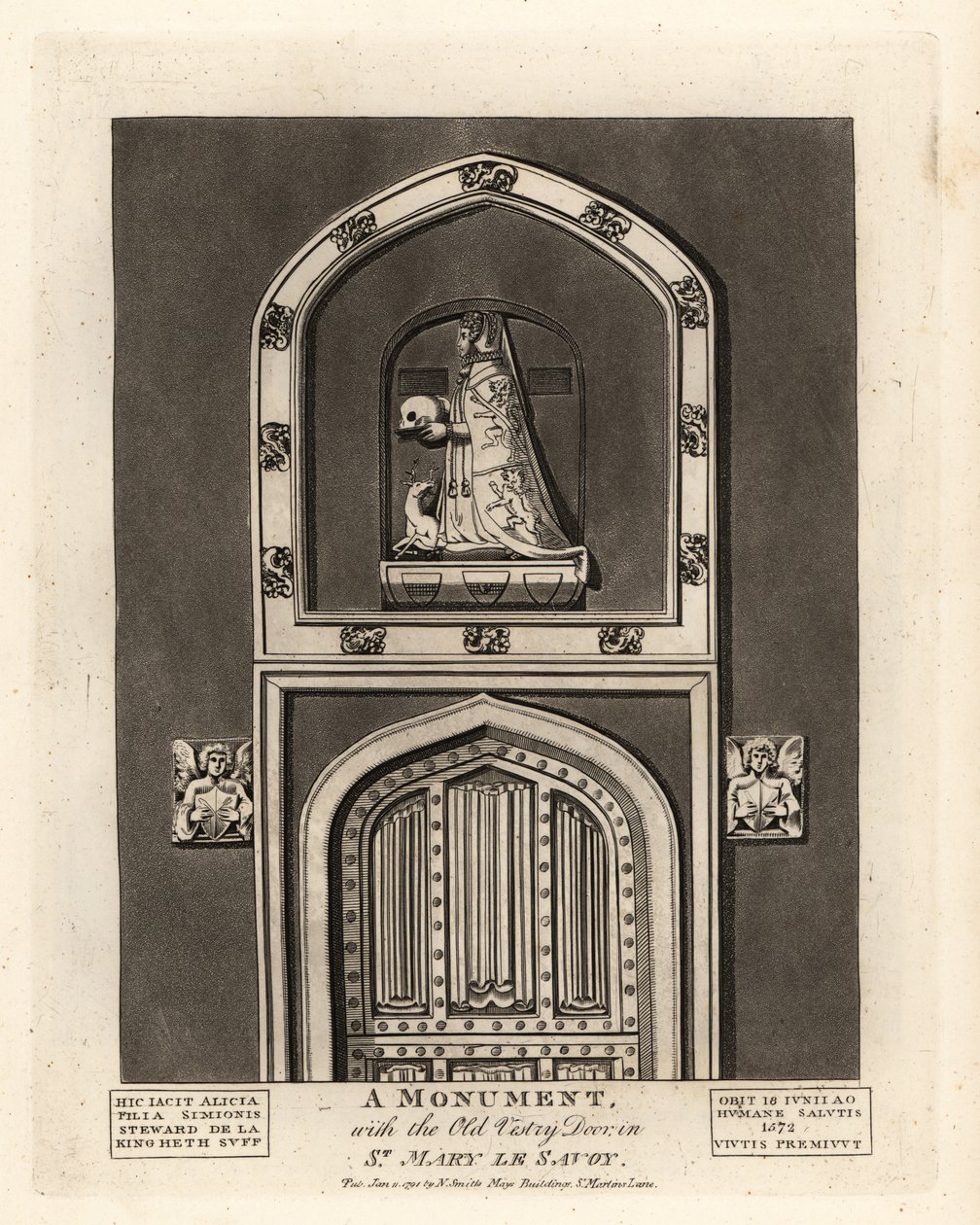 Gravbillede af Alicia, datter af Simon Steward, med den gamle vestrydør i St. Mary le Savoy af John Thomas Smith