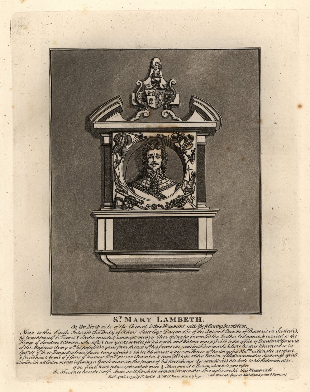 Gravbillede af Robert Scott, hærofficer i den svenske og danske tjeneste og militær opfinder, død 1631, St. Mary Lambeth af John Thomas Smith
