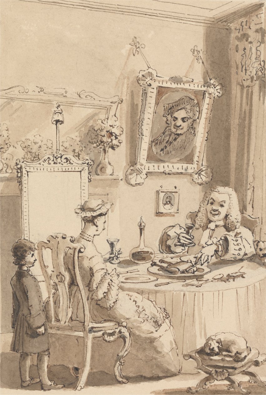 Hogarth drikker det første glas vin med sin kone - Deres hunde holder respektfuld afstand af John Thomas Smith