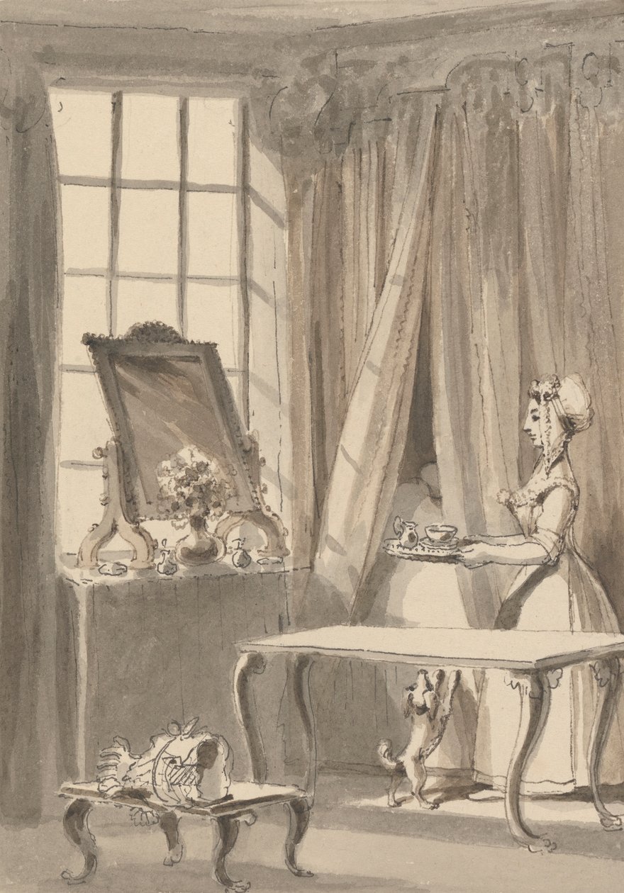 Hogarth har lavet morgenmad og sender en kop op til sin kone på samme tid og beordrer den lille hund til at blive indlagt i hendes elskerindes sengekammer af John Thomas Smith