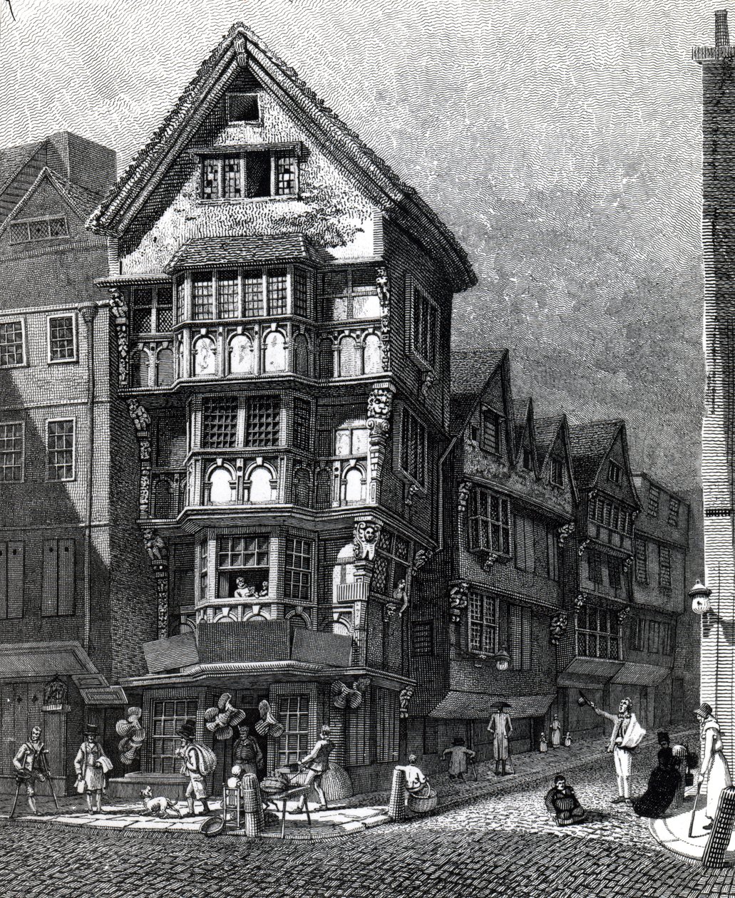 Houses Lately Standing on the West Corner of Chancery Lane, Fleet Street, udgivet i 1812 af John Thomas Smith