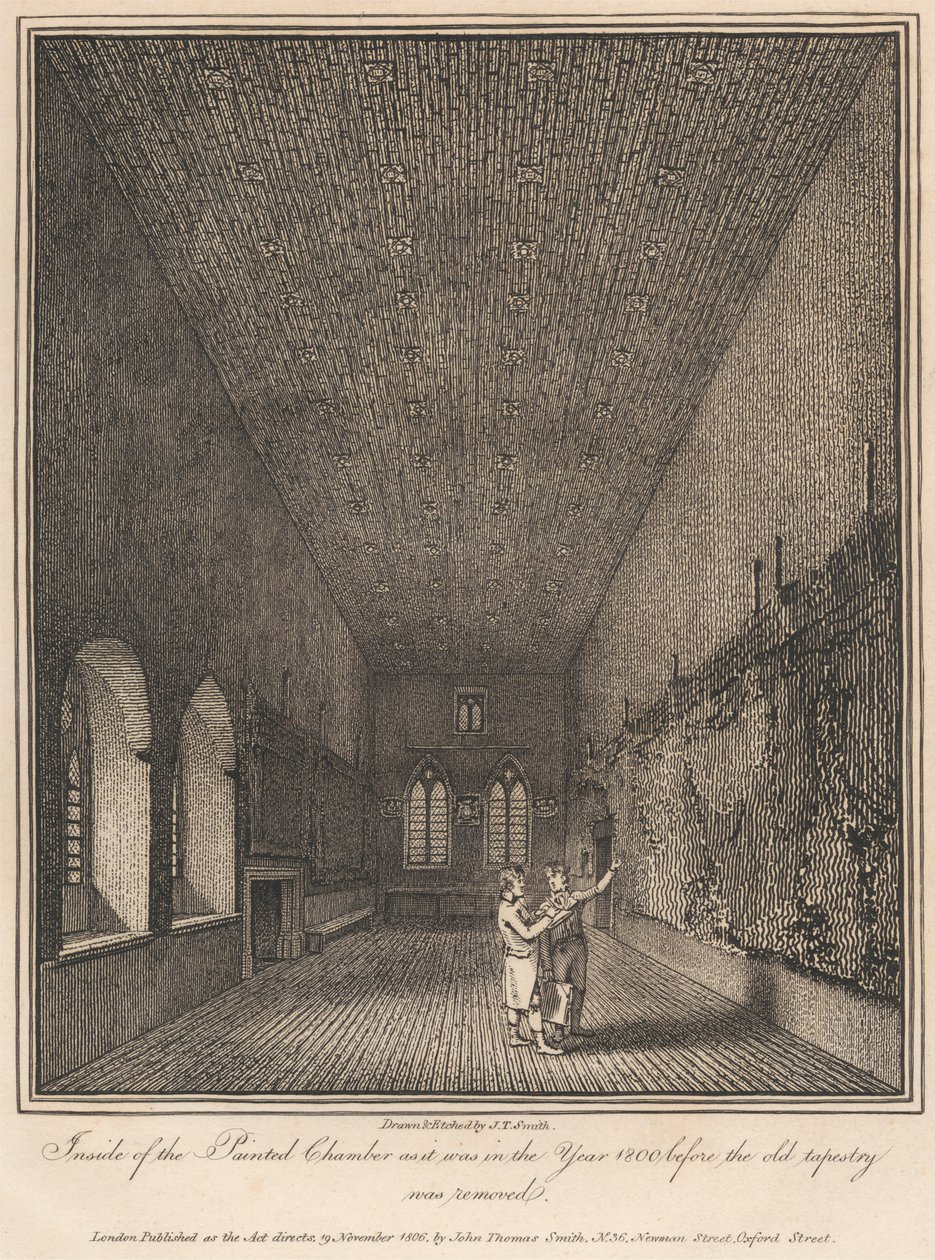Inde i det malede kammer, som det var i år 1800, før det gamle gobelin blev fjernet af John Thomas Smith