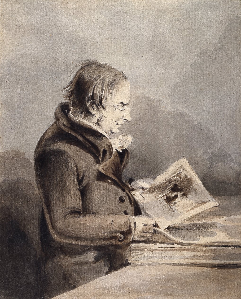 J.M.W. Turner In The British Museum (brunt og gråt blæk vaskes over blyant på hvidt papir) af John Thomas Smith