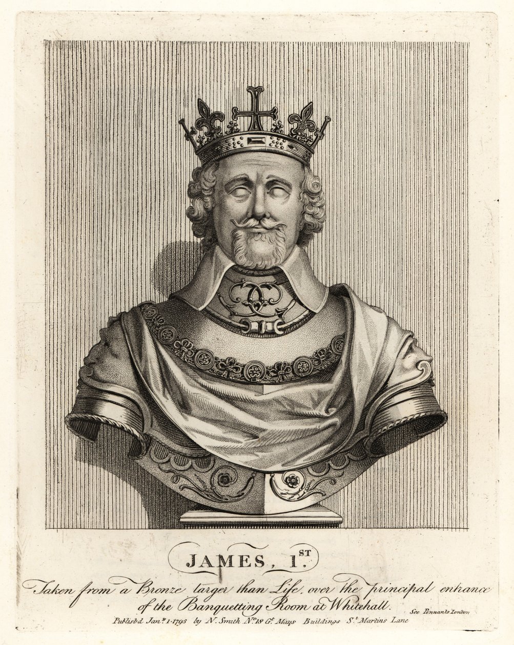 Kong James I af England taget fra en bronzebuste over indgangen til festlokalet i Whitehall af John Thomas Smith