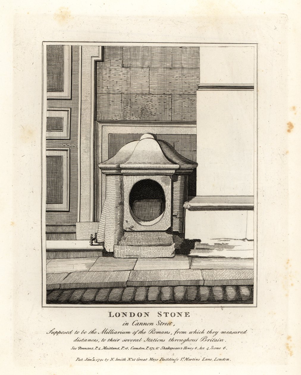 London Stone i Cannon Street, der skulle være romernes milepæl eller Milliarium af John Thomas Smith
