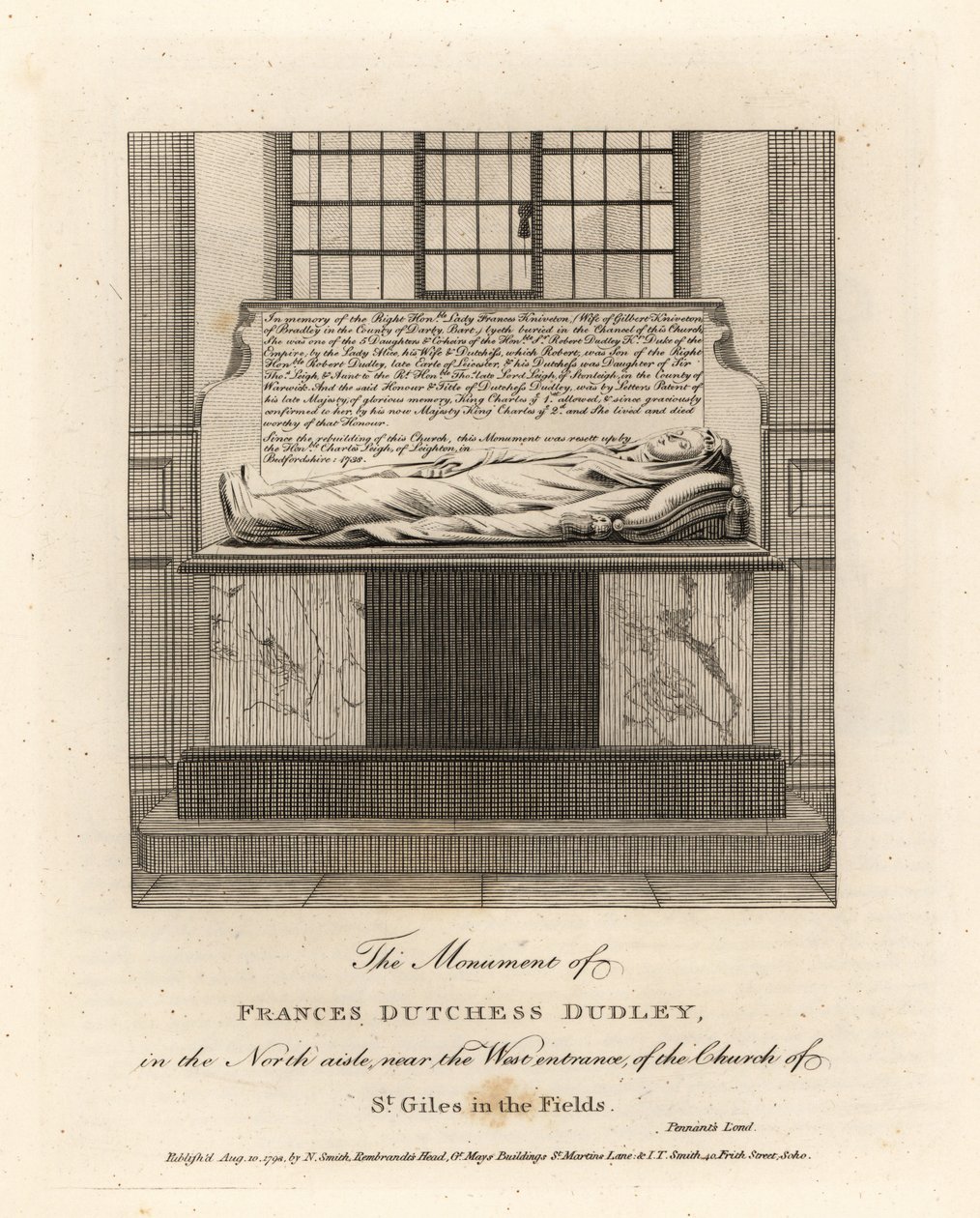 Monument for Lady Frances Kniveton, hertuginde af Dudley, hustru til Sir Gilbert Kniveton, i kirken St Giles in the Fields af John Thomas Smith