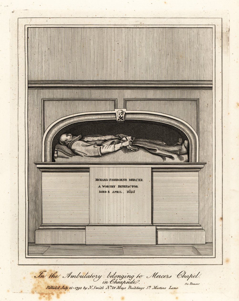 Monument til Richard Fishbourne Mercer, død 1625, i ambulatoriet i Mercers Chapel, Cheapside af John Thomas Smith