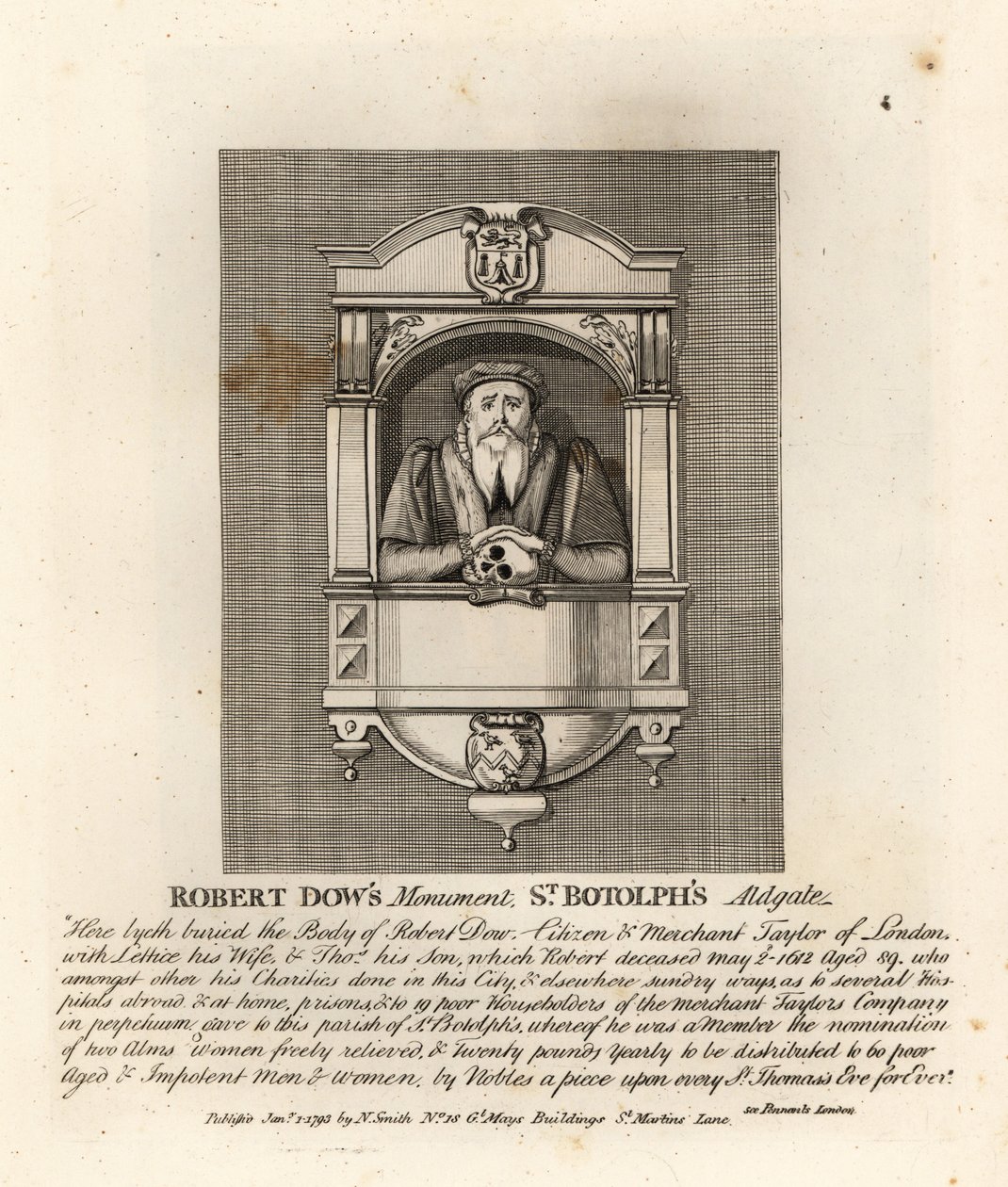 Monument til købmand taylor og filantrop Robert Dow i St. Botolphs, Adgate af John Thomas Smith