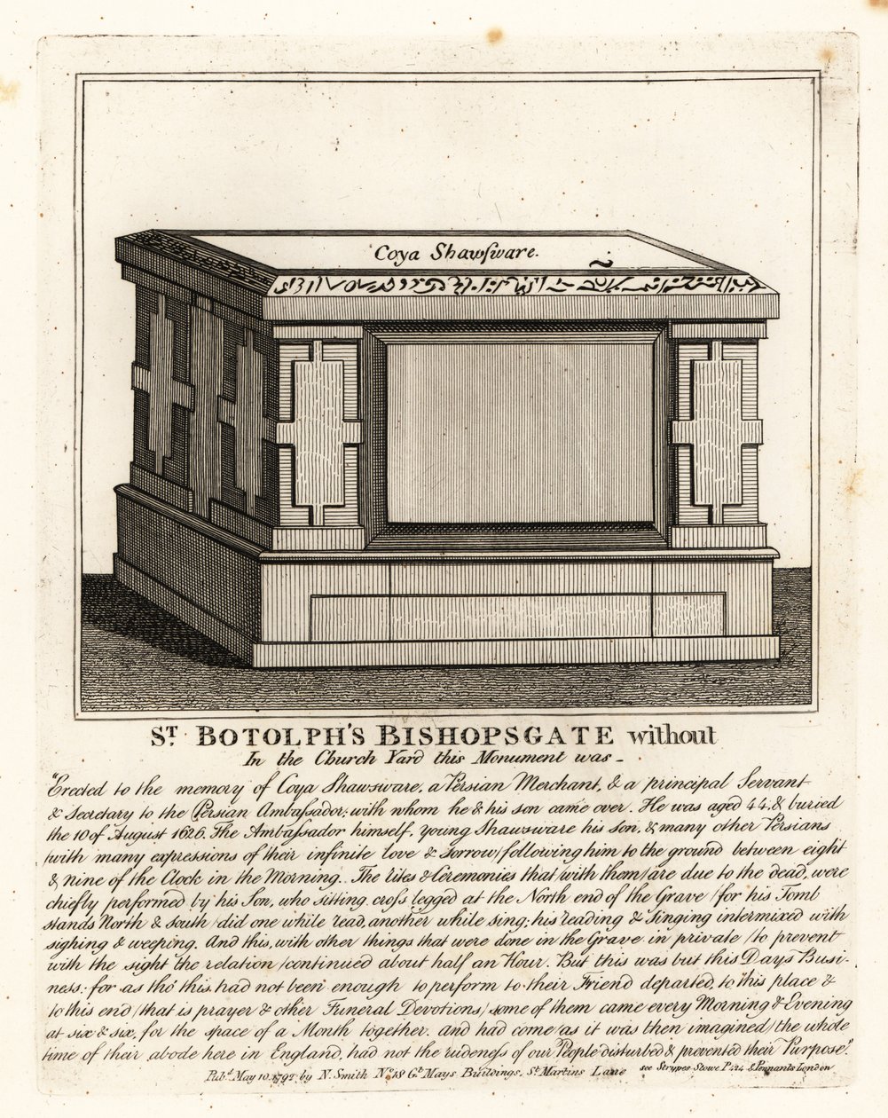 Muslimsk gravmonument i alterstil over Coya Shawsware eller Khwaja Shahsuwar (1582-1626), en købmand og sekretær for Nogdi tigger den persiske ambassadør, tidligere i St. Botolphs, Bishopsgate af John Thomas Smith