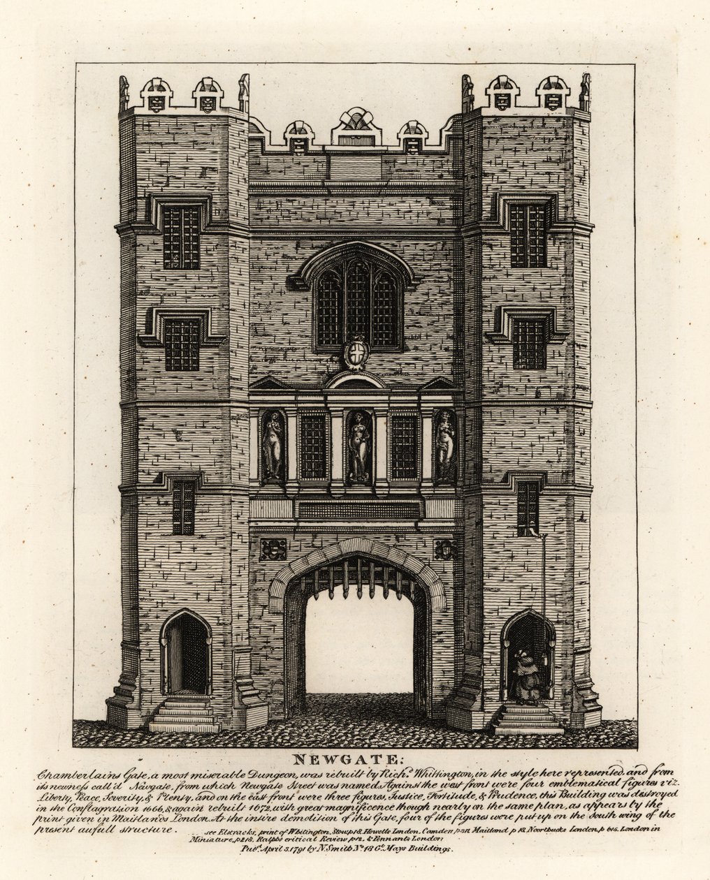 Newgate, genopbygget i 1672 efter branden i London, med tre figurer Retfærdighed, Fortitude og Prudence fra den tidligere port bygget af Londons borgmester Richard Wittington af John Thomas Smith