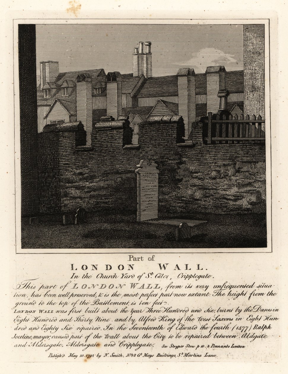En del af den gamle London-mur i kirkegården St Giles, Cripplegate, London af John Thomas Smith