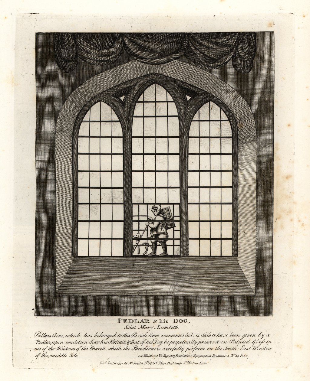 Pedlar og hans hund i det farvede glasvindue i kirken ved Saint Mary-at-Lambeth af John Thomas Smith