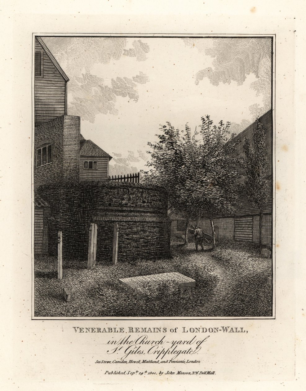 Rester af den romerske London-mur på kirkegården i St Giles, Cripplegate af John Thomas Smith
