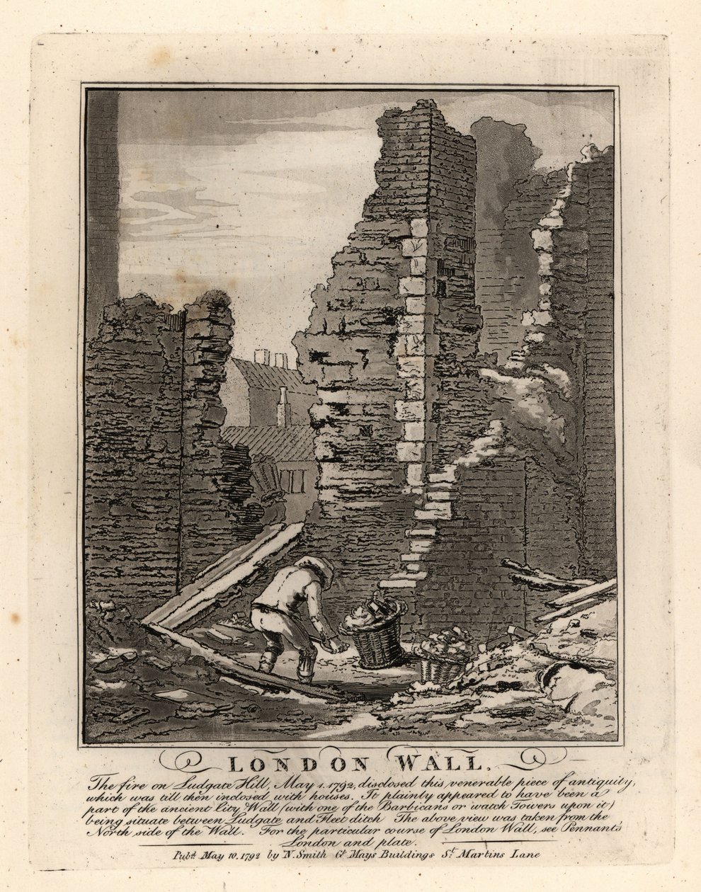 Ruiner af den romerske London-mur blotlagt ved branden i maj 1792 på Ludgate Hill af John Thomas Smith