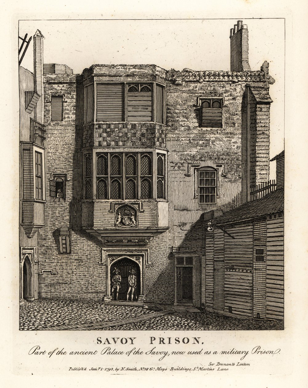 Savoy-fængslet, en del af Savoyens gamle palads, brugt som militærfængsel i det 18. århundrede af John Thomas Smith