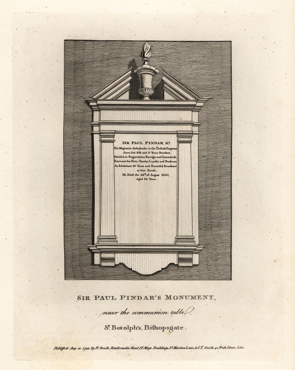 Sir Paul Pindars monument nær nadverbordet i St. Botolphs, Bishopsgate af John Thomas Smith
