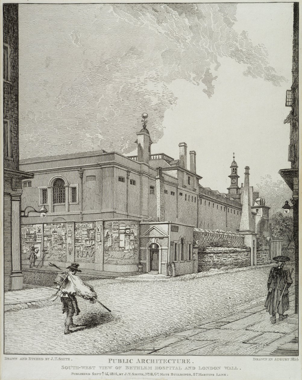 Sydvestlig udsigt over Bethlem Hospital og London Wall, 1814 af John Thomas Smith