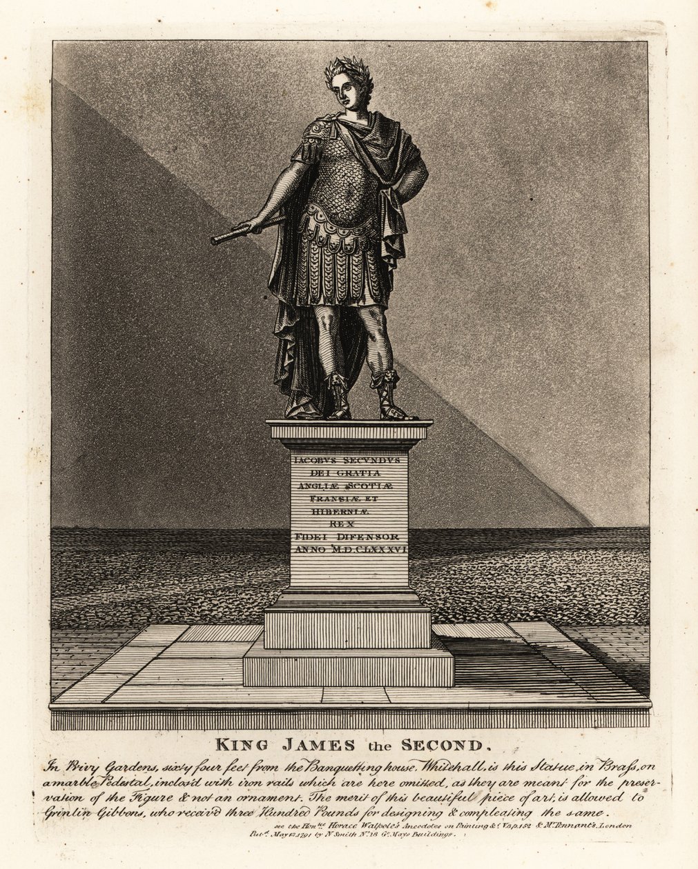 Statue af kong James II af England i kostume som en romersk kejser, Jacobus Seundus, designet af Grinlin Gibbons, i Privy Gardens af John Thomas Smith