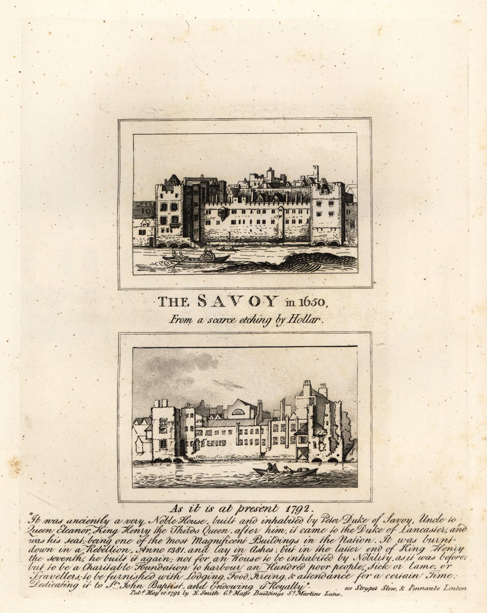 Savoy Hospital i 1650 fra et tryk af Wenceslaus Hollar og i ruiner i 1792 af John Thomas Smith