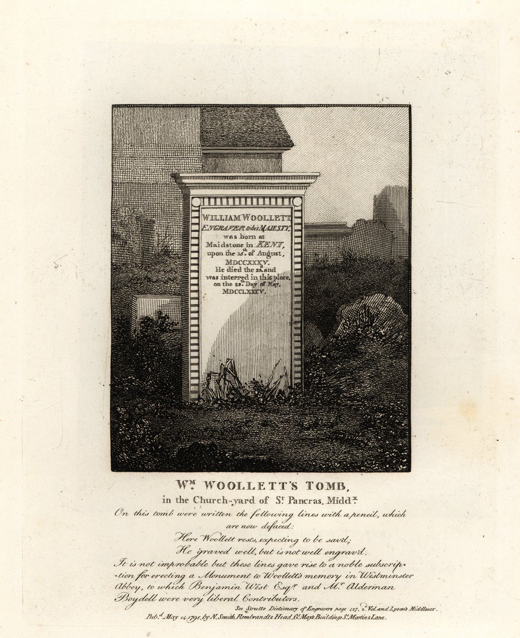 Den kongelige gravør William Woolletts grav, død 1735, på kirkegården i St Pancras, Middlesex af John Thomas Smith