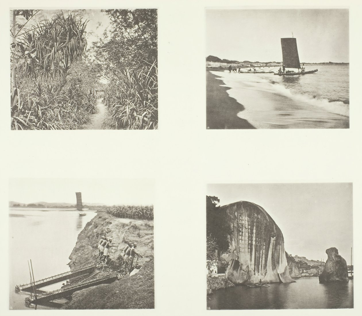 En landevej nær Taiwanfu, en katamaran, kædepumper, steninskriptioner, Amoy, ca. 1868. af John Thomson