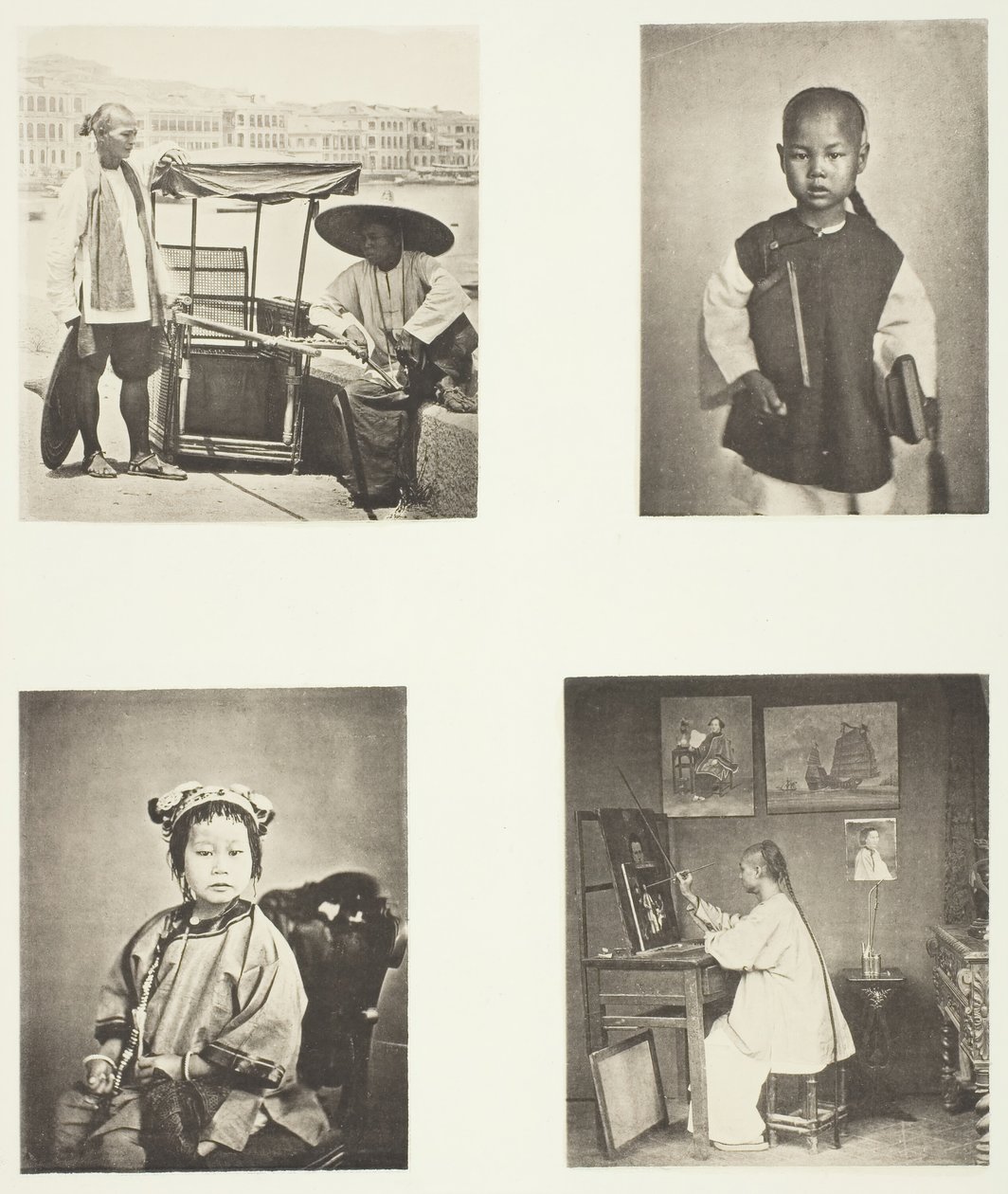 En Hong-Kong Sedan-stol, en kinesisk skoledreng, en kinesisk pige, en Hong-Kong-kunstner, ca. 1868. af John Thomson