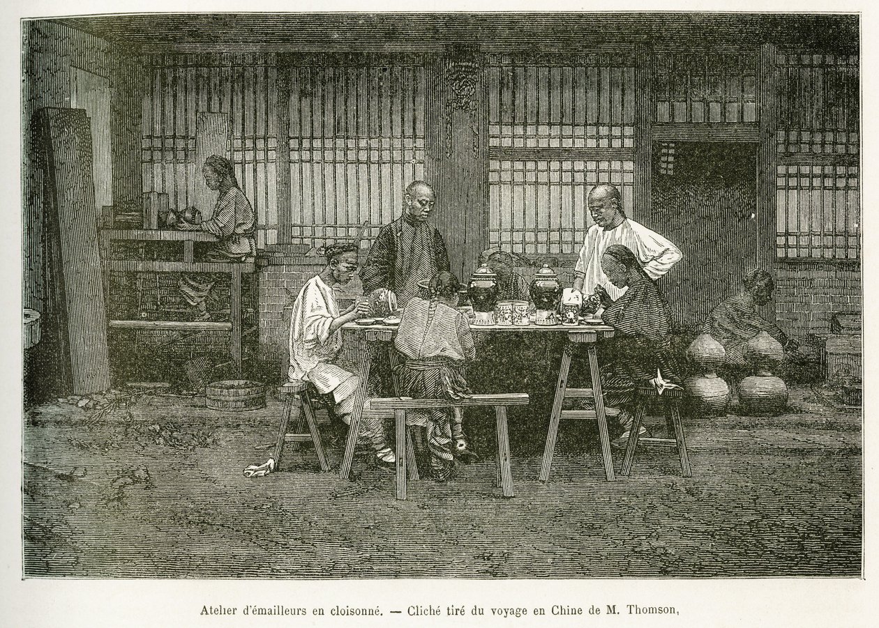 Håndværkerne fra et cloisonneværksted i Pekin. Gravering efter et fotografi af M.Thomson til illustration af rejsen til Pekin og det nordlige Kina, af T.Chutze, i 1873, udgivet i "" Le tour du monde "" 1876, redigeret af Edouard Charton, udgave Hachette, P af John Thomson