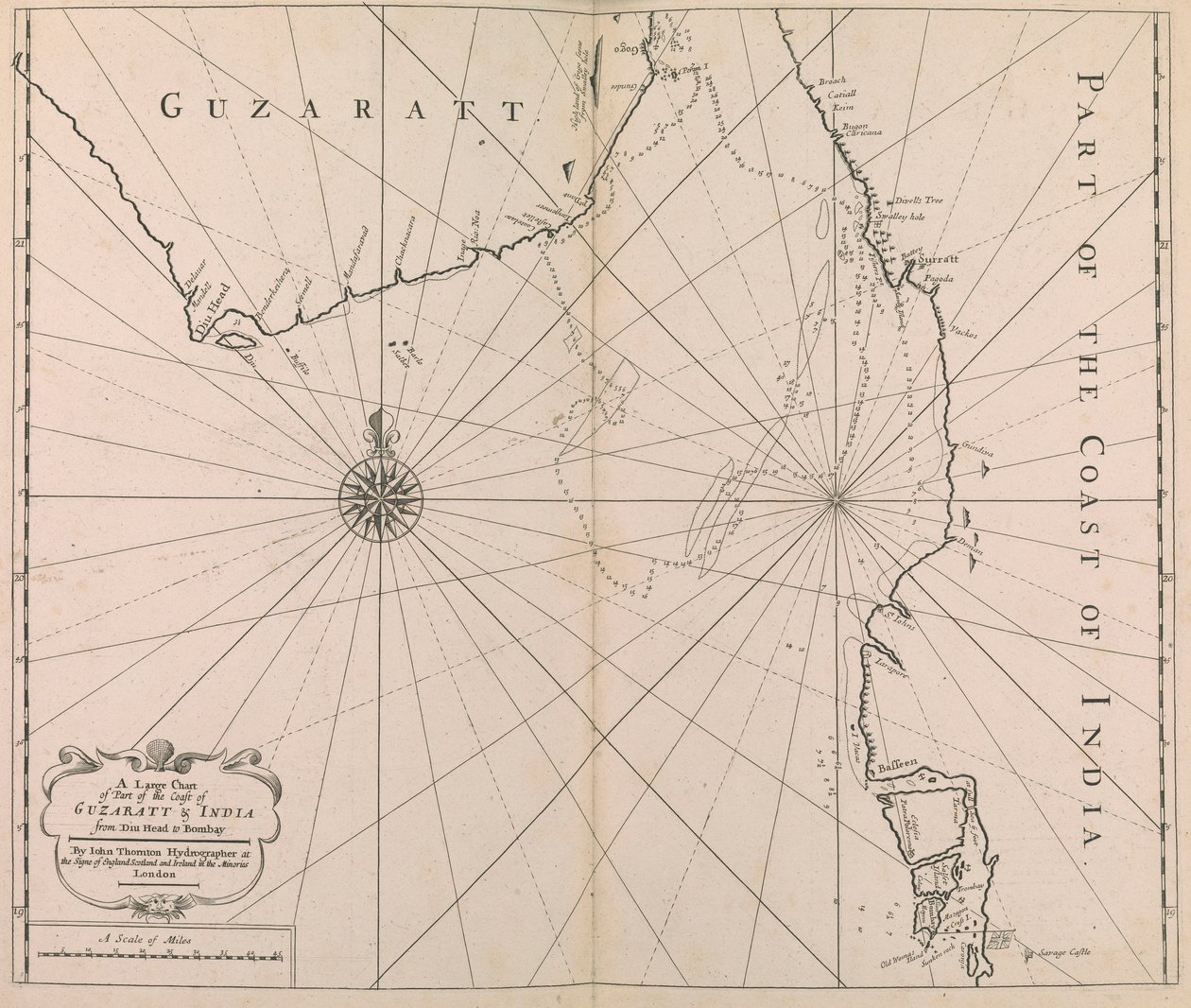 Et stort kort over en del af GUZARATTs og Indiens kyst fra Diu Head til Bombay. (print) af John Thornton