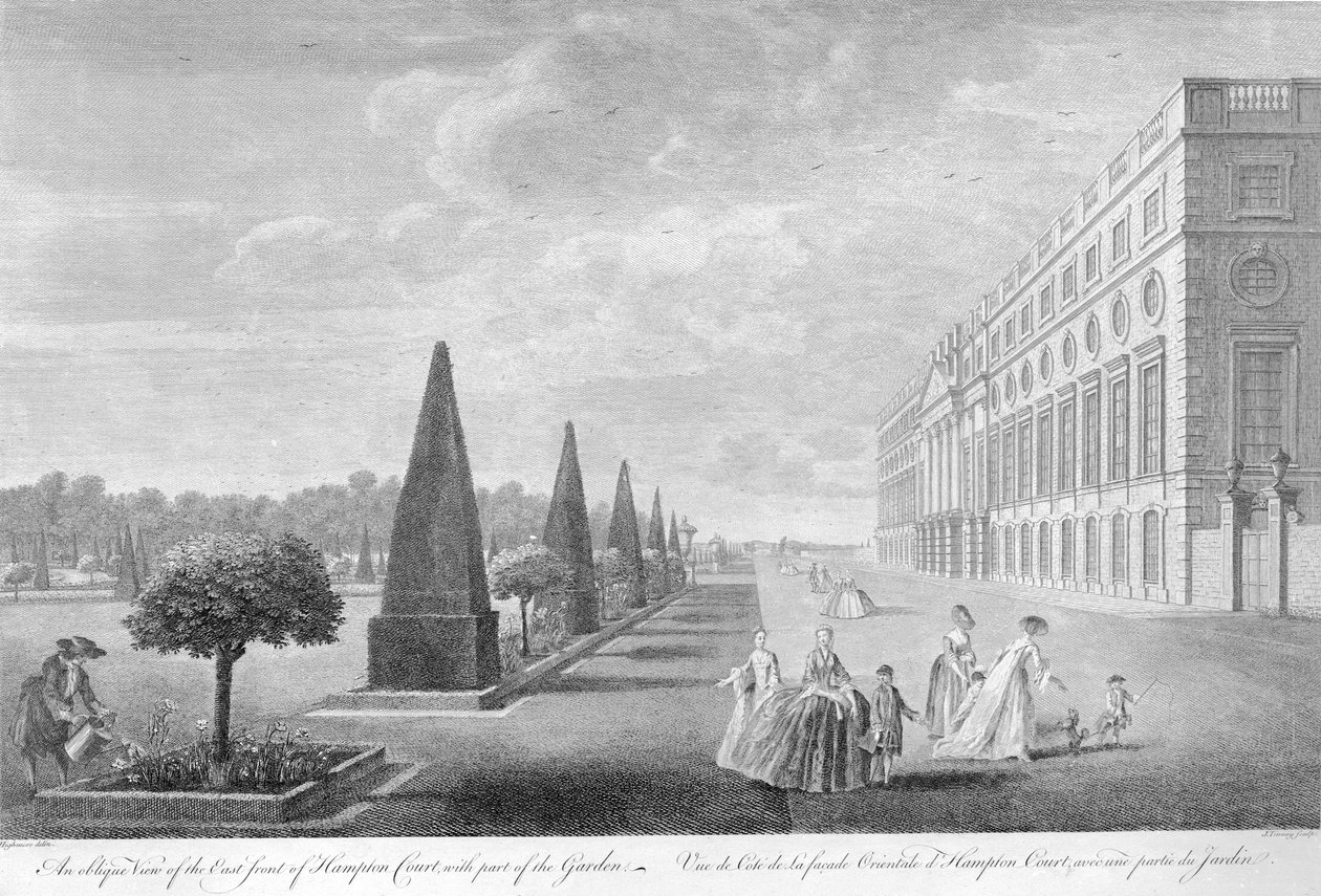 En skrå udsigt over østfronten af Hampton Court med en del af haven, c.1744 af John Tinney