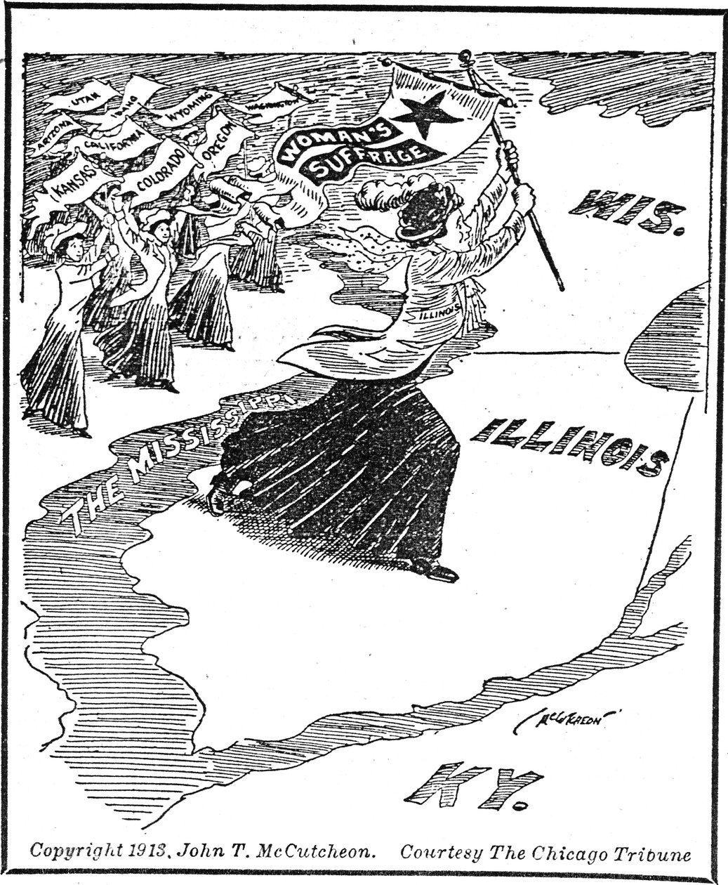 På vej ind i Illinois, redaktionel tegneserie af John Tinney McCutcheon