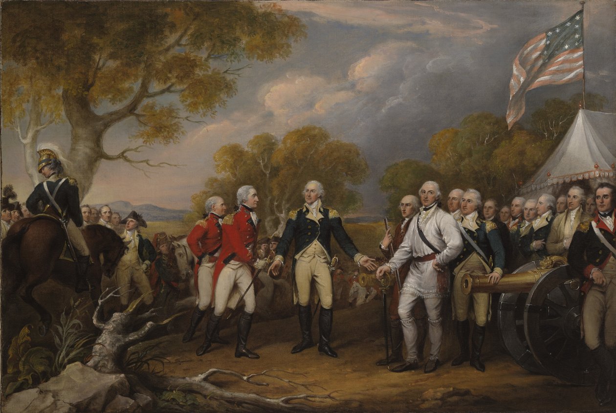 Slaget ved Saratoga, den britiske general John Burgoyne overgav sig til den amerikanske general, Horatio Gates, 17. oktober 1777, ca. 1822-32 af John Trumbull