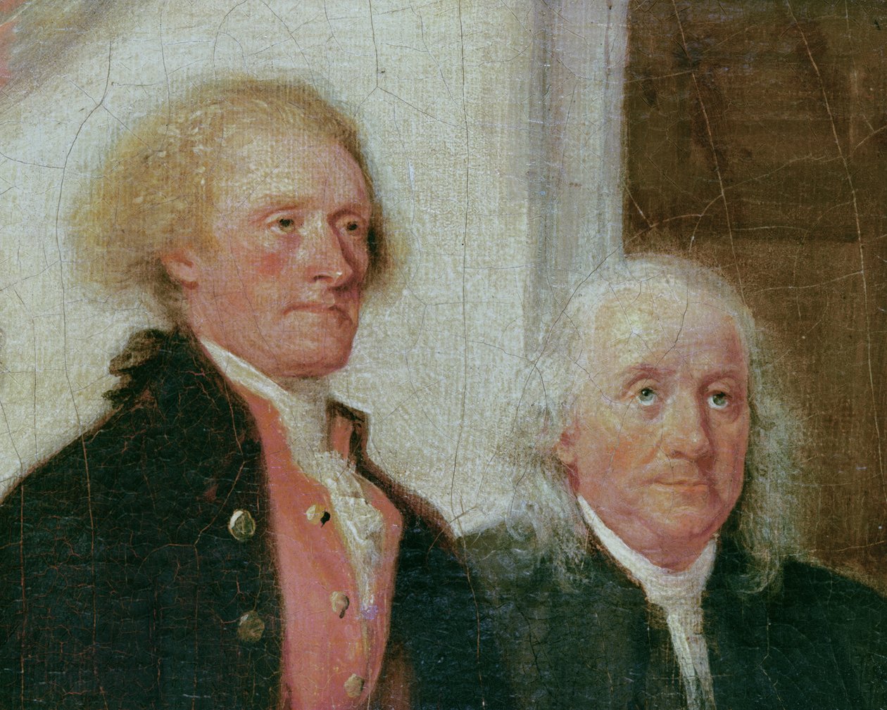 Udarbejdelse af uafhængighedserklæringen, 28. juni 1776, detalje af Thomas Jefferson (1743-1826) og Benjamin Franklin (1706-90) ca. 1817 (detalje af 702745) af John Trumbull